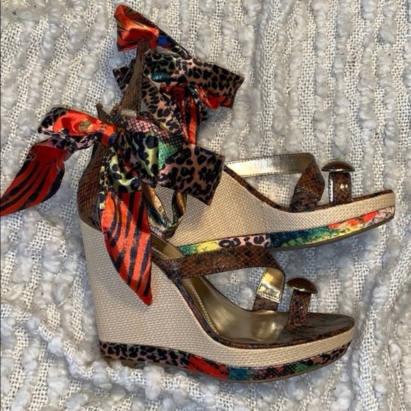 NWT Carlos Falchi Cruz Wedge Sandals 9.5 Multi Animal Print Ribbon Raffia Heel - Picture 3 of 10